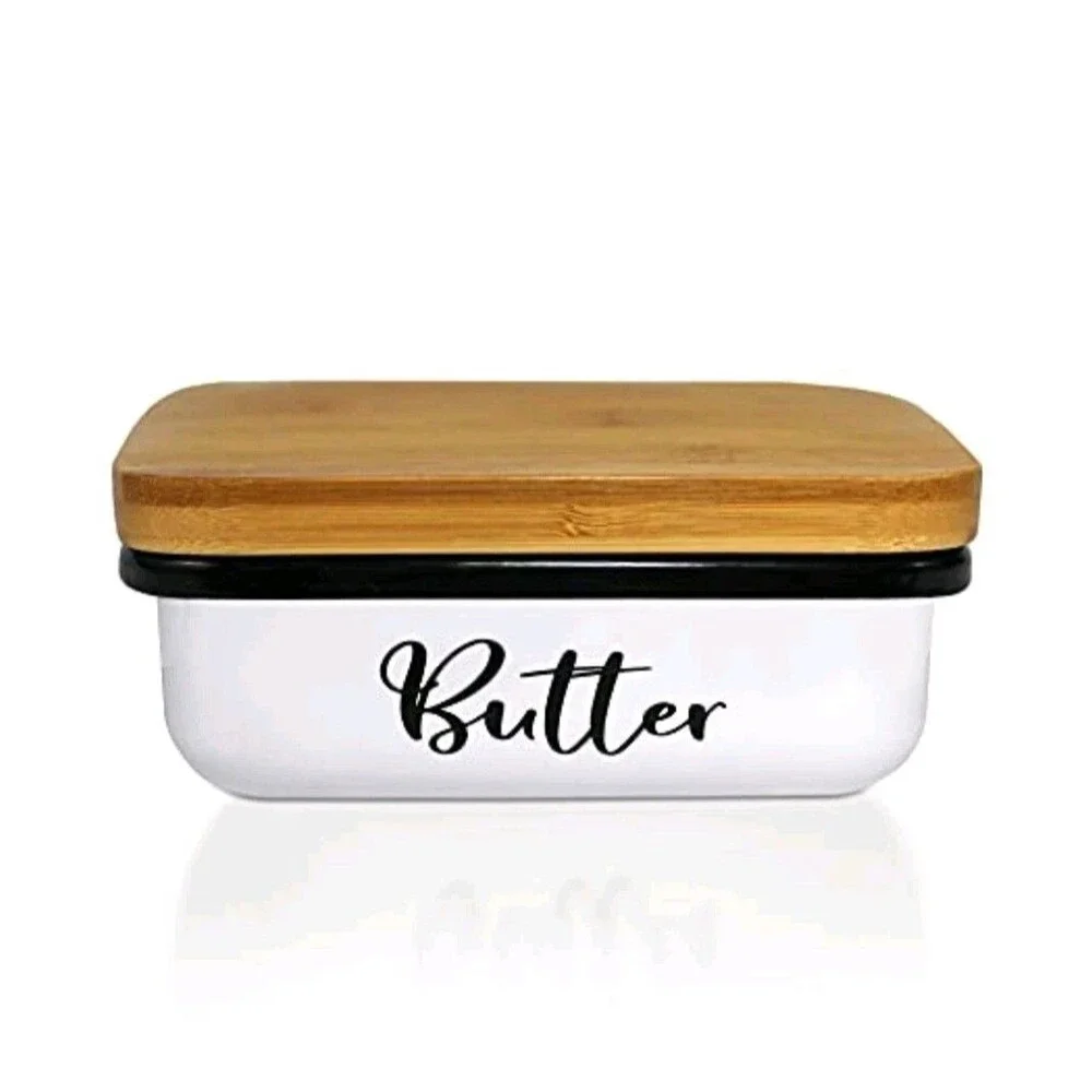 Home Acre Designs Butter Dish Bamboo Lid Stainless Steel Farmhouse Style NWOT